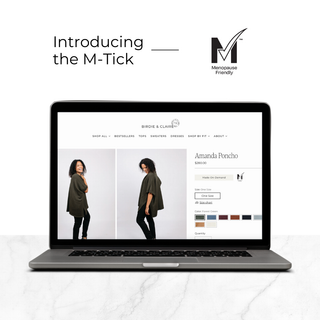 Birdie & Claire website displayed on a laptop, showcasing the Amanda Poncho product page featuring the M-Tick menopause-friendly certification badge. Text on the left reads 'Introducing the M-Tick' alongside the M-Tick logo.