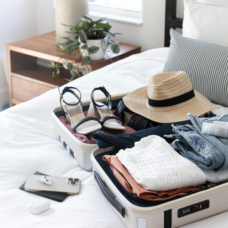Open suitcase with neatly folded clothing inside