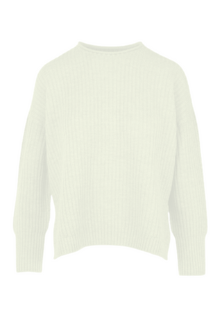 Birdie & Claire Merino Wool Annie Crew Neck Sweater in white color on a mannequin against a white background